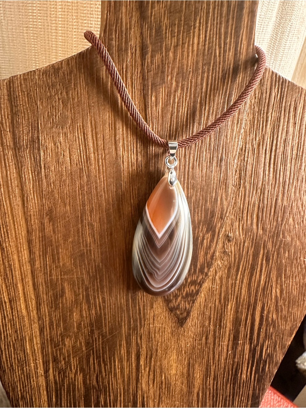 Botswana Agate Teardrop Pendant Necklace on Brown Rope